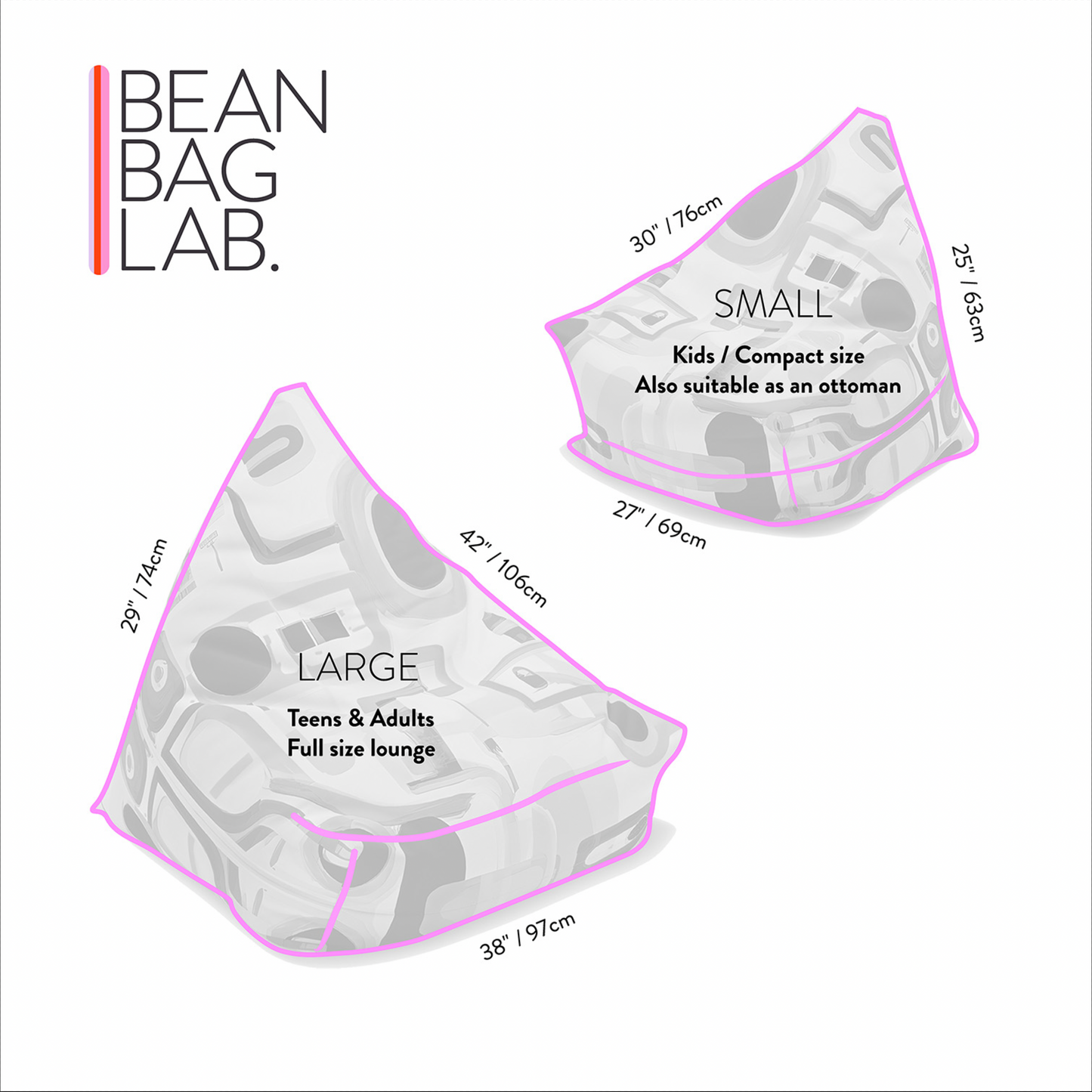 Bean bag size chart with small and large bean bags labeled and dimensions.