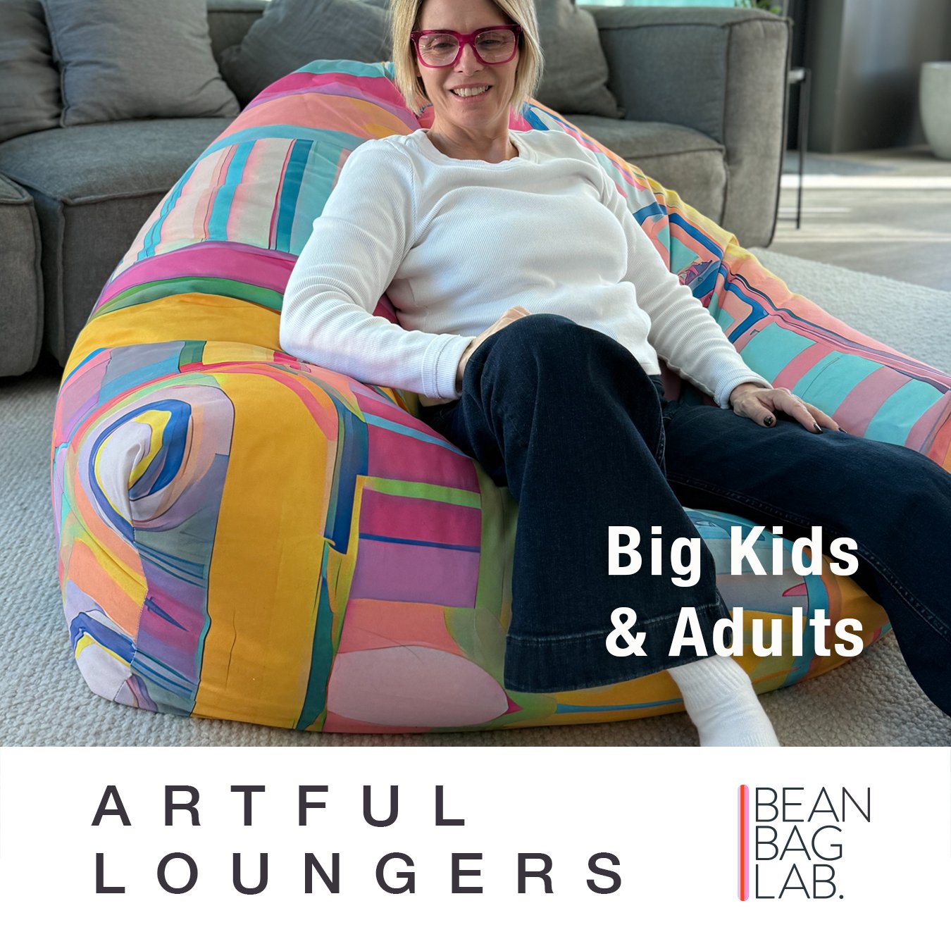 Artful Loungers bean bag covers for big kids and adults in bold abstract designs by Bean Bag Lab