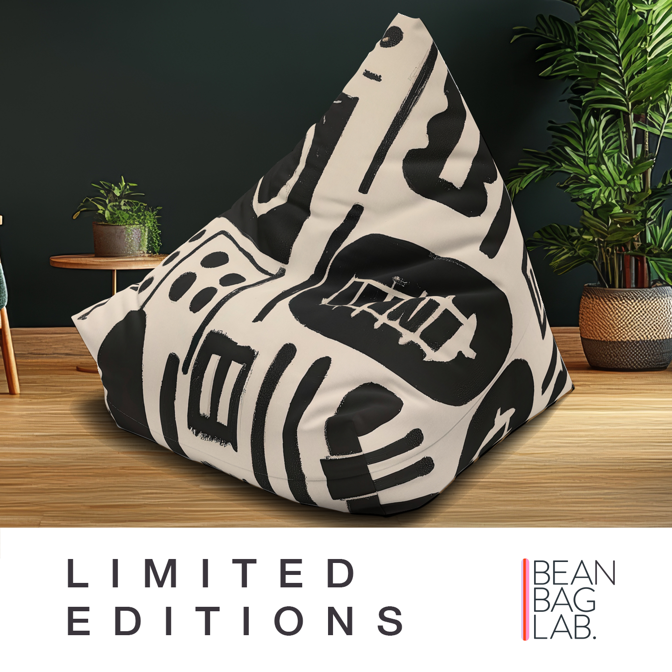 Limited Editions bean bag cover collection by Bean Bag Lab – Pictured bold black and white graphic designs for statement interiors