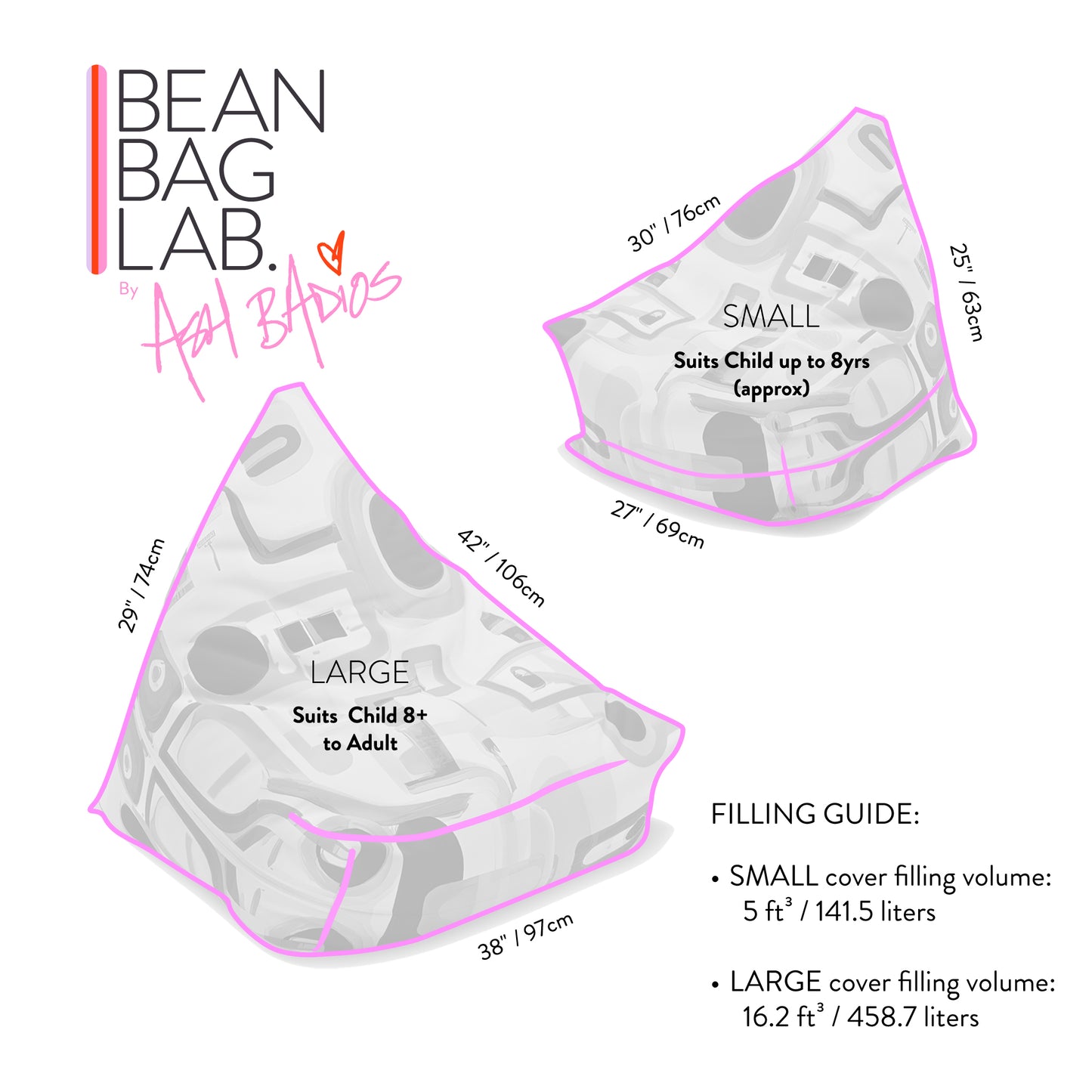 Bean bag size chart with dimensions and filling volume for Bean Bag Lab products.