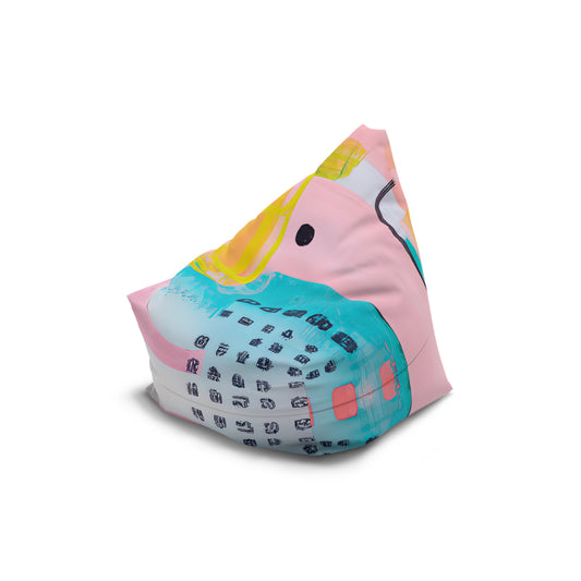 Abstract digital-style bean bag cover “Syntax” with  bold marks and glitchy lines in pinks and blues