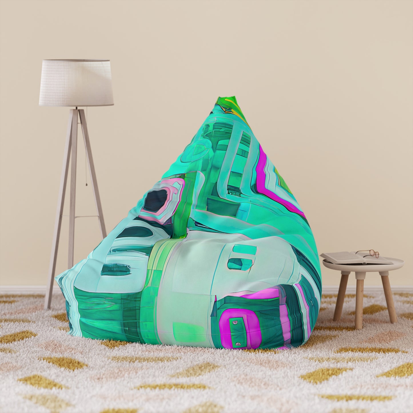 Lifestyle context view – large size of 'SwellGirl' designer bean bag cover from the Surf Skater Edit – bold, abstract print.